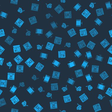 Elektrikli testere, akıllı televizyon, dahili telefon sistemi, kahve makinesi ve fincanı kusursuz desenli ayarla. Vektör.