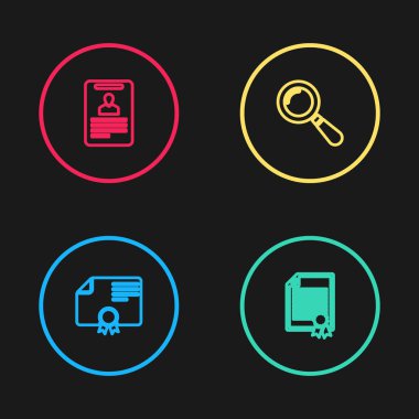 Sertifika şablonu, büyüteç ve kimlik tanımlama simgesi ayarla. Vektör.