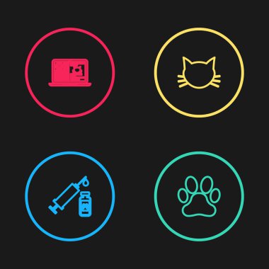 Şırıngayı hayvan aşısı, Paw baskısı, Kedi ve Klinik kayıt kedisi ile dizüstü bilgisayar ikonuna yerleştir. Vektör.