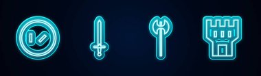 Yuvarlak ahşap kalkan, ortaçağ kılıcı, balta ve kale kulesi. Parlayan neon ikonu. Vektör.