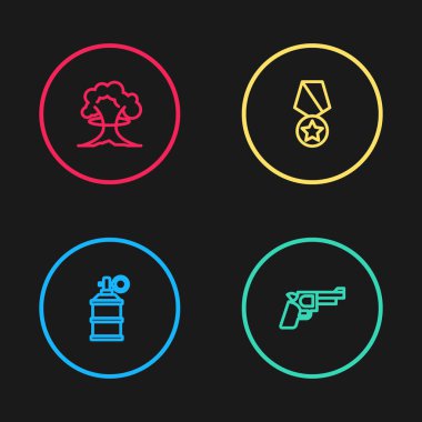 El bombası, tabanca ya da silah, askeri ödül madalyası ve nükleer patlama ikonu yerleştirin. Vektör.