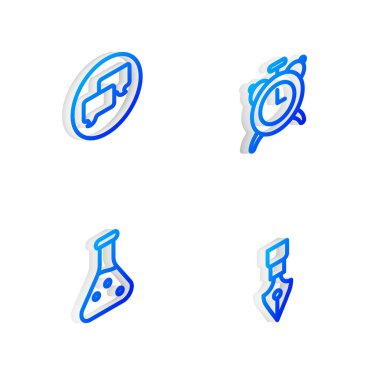 Isometric satırı alarm saatini, konuşma baloncuğu sohbet tüpünü ve dolmakalem ucu simgesini ayarla. Vektör.