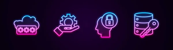 设置行密码保护 手动设置齿轮 人头与锁和服务器安全钥匙 发光的霓虹灯图标 — 图库矢量图片