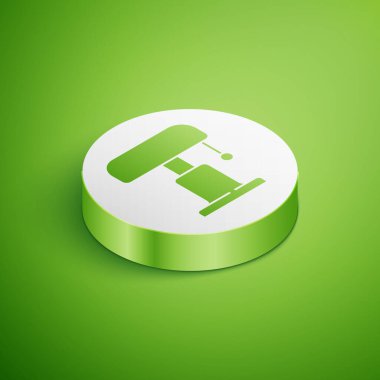 Isometric Masa Lambası simgesi yeşil arkaplanda izole edildi. Beyaz daire düğmesi. Vektör.