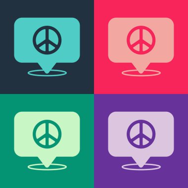 Pop art lokasyon barış simgesi renk arkaplanında izole edildi. Hippi barış sembolü. Vektör.