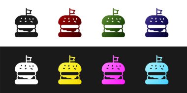 Burger simgesini siyah beyaz arkaplanda izole et. Hamburger ikonu. Çizburger sandviç tabelası. Fast food menüsü. Vektör.