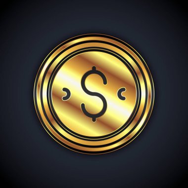 Siyah arkaplanda dolar sembolü olan altın sikke parası. Bankacılık işareti. Para sembolü. Vektör.