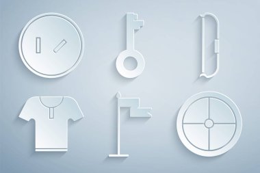 Ortaçağ bayrağını, çelik yeleği, ahşap kalkanı, eski anahtarı ve ikonu hazırlayın. Vektör.