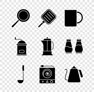 Mutfak kepçesi elektrikli soba ısıtıcısını manuel kahve öğütücüsü ve Fransız basın ikonu ile ayarlayın. Vektör.