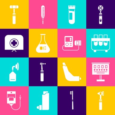 Tıbbi otoskop aletini, göz test tüpünü ve tüpü kan hemşiresi şapkasıyla nöroloji refleks çekici ve tansiyon ikonu ile ayarla. Vektör.