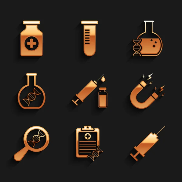 Set Jeringa Médica Vial Portapapeles Con Análisis Adn Jeringa Búsqueda — Vector de stock