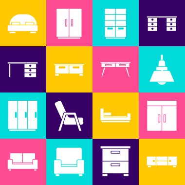 Sandık Çekmecesi Gardırop Avize Ofisi Masası Büyük yatak ve ikon. Vektör.