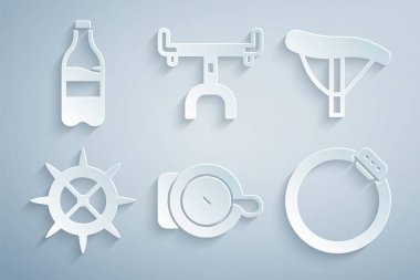 Bisiklet çanı koltuğu sproket kolu disk gidonu ve spor şişesini su ikonuyla ayarla. Vektör.