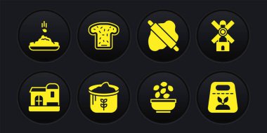 Çiftlik evi yel değirmeni un tohumu torbasını hamurlu ekmek tostunun üzerine rulo toka toka tam tohum tohumu ve ikon koy. Vektör.