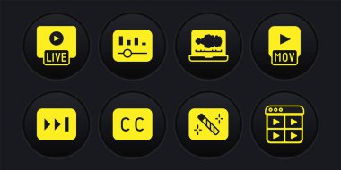İleri sar MOV dosyası Altyazılar Fotoğraf rötuşlama Ses kaydedici müzik eşitleyici çalma listesi ve canlı yayın simgesi. Vektör.