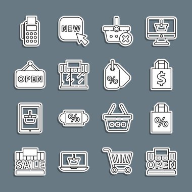 Hat Alış-veriş binasını ayarlayın ve yüzde indirimli dolarla Shope torbasını açın alışveriş sepeti ya da market mağaza asma tabelasını kaldırın açık POS terminal kredi kartı ve indirim etiketi simgesi. Vektör.