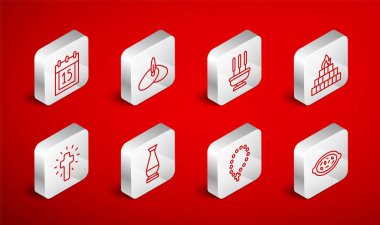 Hat Kheer 'i bir kase Hint başlıklı türban tütsüsüsüne yerleştirin. Yagna tespih çeker. Bağımsızlık Günü vazosu ve Hıristiyan haç ikonu. Vektör.