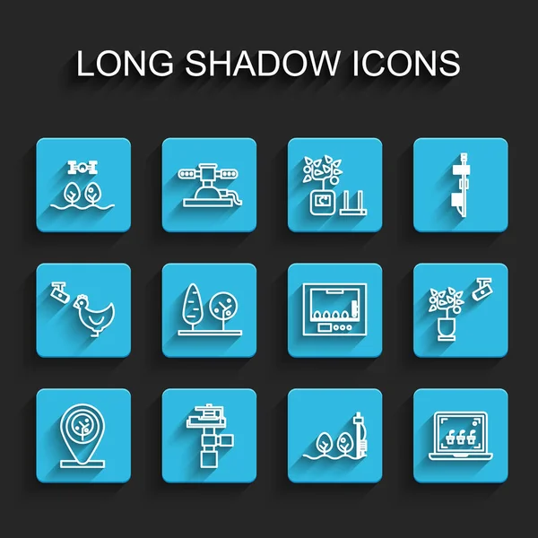 ラインを設定場所と木自動灌漑スプリンクラードローン付きスマートファームスタンドアロンセンサープラント農業技術卵アイコンのための木とインキュベーター ベクトル — ストックベクタ