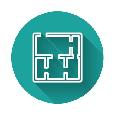 Beyaz çizgi ev planı simgesi uzun gölgeli izole edildi. Yeşil daire düğmesi. Vektör.