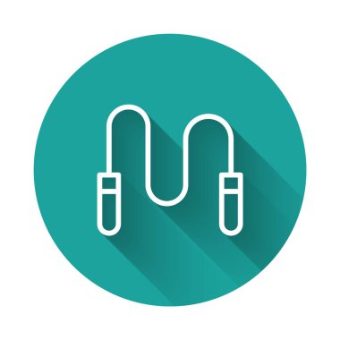 Beyaz çizgi atlama ipi simgesi uzun gölge arkaplanı ile izole edildi. İp atlıyorum. Spor malzemeleri. Yeşil daire düğmesi. Vektör.