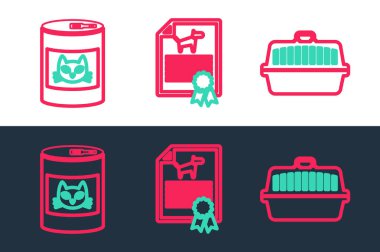 Pet taşıma çantası kedi ve sertifikalı köpek ikonu için konserve yiyecek koyun. Vektör.