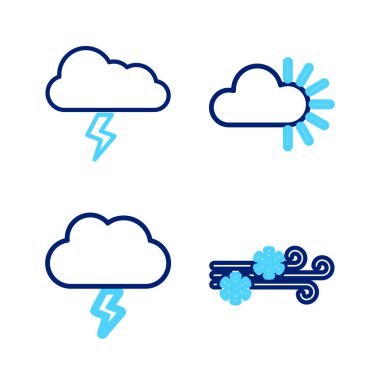 Rüzgar ve Kar Fırtınası Bulutlu ve ikon hattını ayarlayın. Vektör.