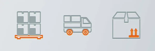 Setzen Sie Linie Karton Mit Verkehrsboxen Auf Palette Und Lieferwagen — Stockvektor