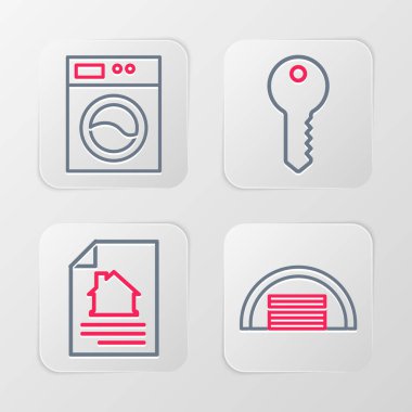 Garage House 'un sözleşmeli anahtarını ve çamaşır yıkama ikonunu ayarla. Vektör.