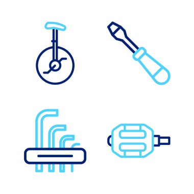 Çizgiyi ayarla Bisiklet pedalı allen tuşlar tornavida ve tek tekerlekli bisiklet ikonu. Vektör.