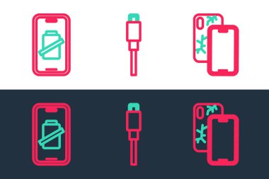 Hat Mobil 'i, bozuk ekran akıllı telefon şarjı ve USB kablo ikonu ile ayarla. Vektör.