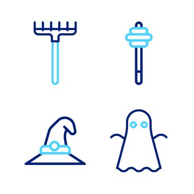 Hayalet Cadı Şapkası Bal Çubuğu ve Bahçe Tırmık ikonu. Vektör.