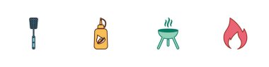 Barbekü spatulası, ketçap şişesi, ızgara ve ateş alev ikonu hazırla. Vektör.