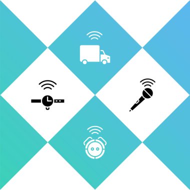 Smartwatch, Robot elektrikli süpürge, kamyon ve kablosuz mikrofon ikonunu ayarla. Vektör.