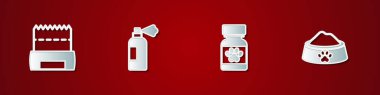 Set Dog shit in bag, Pet shampoo, Medicine bottle and pills and food bowl icon. Vector.