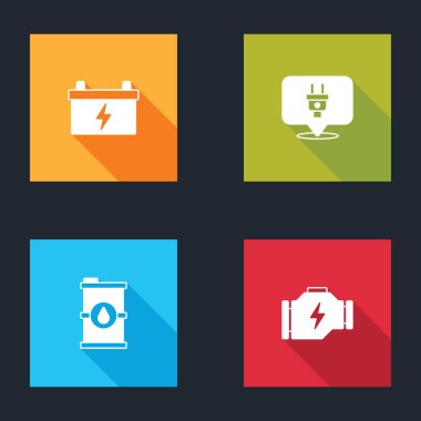 Araba aküsünü, elektrik prizini, biyo yakıt varilini ve motor simgesini ayarla. Vektör.