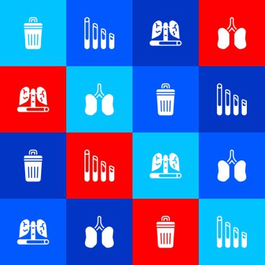 Çöp tenekesini, sigara içmeyi, hastalıklı ciğerleri ve akciğer ikonunu ayarla. Vektör.