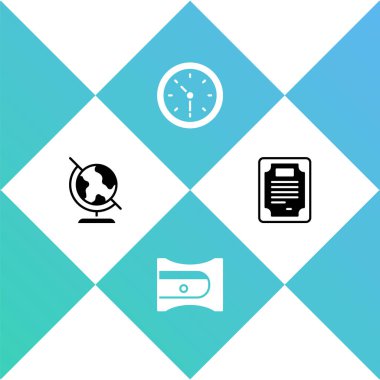 Dünya küresi kalem açacağı saatini ve sertifika şablon simgesini ayarla. Vektör.