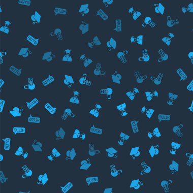 Mezuniyet şapkası mezuniyeti ve mezuniyet kreatif lamba ışığı fikrini ve Merhaba 'yı farklı dillerde kusursuz desen üzerine kurun. Vektör.