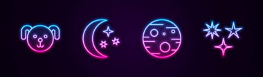 Dog Zodiac, Ay ve yıldızlar, Mars ve Düşen Gezegen. Parlayan neon ikonu. Vektör.