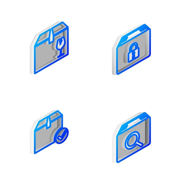 Set Linea Isometrica Pacchetto Bloccato Casella Consegna Con Contenuto Fragile — Vettoriale Stock