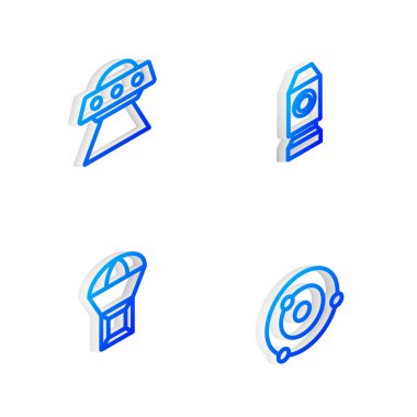 Isometric Hattı Roket Gemisi, UFO uçan uzay gemisi, paraşüt ve güneş sistemi simgesinde kutu ayarlayın. Vektör.