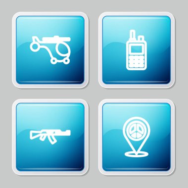Helicopter, Walkie talkie, Submachine gun ve konum barış simgesi ayarlayın. Vektör.