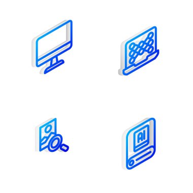 Isometric hattı sinirsel ağ bilgisayar monitörü Fotoğraf rötuşlama ve Yapay Zeka Yapay Zeka simgesini ayarla. Vektör.