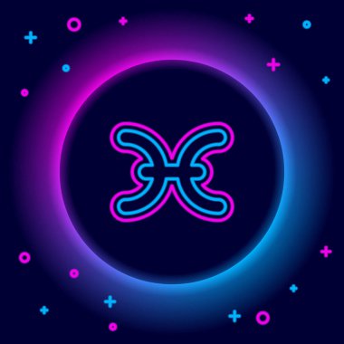 Parlayan neon çizgisi Balık burcu simgesi siyah arkaplanda izole edilmiş. Astrolojik yıldız falı koleksiyonu. Renkli taslak konsepti. Vektör.