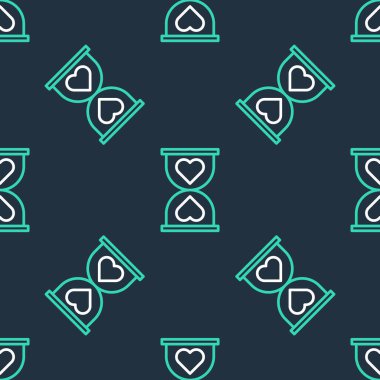 Merkezdeki Çizgi Yürek eski kum saati simgesi siyah arkaplanda pürüzsüz desen izole etti. Sevgililer Günü. Vektör.