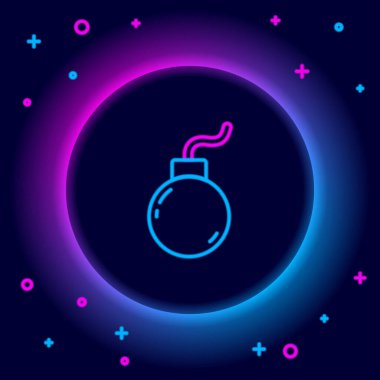 Parlayan neon hattı bombası siyah arkaplanda izole edilmiş ikonu patlatmaya hazır. Renkli taslak konsepti. Vektör.