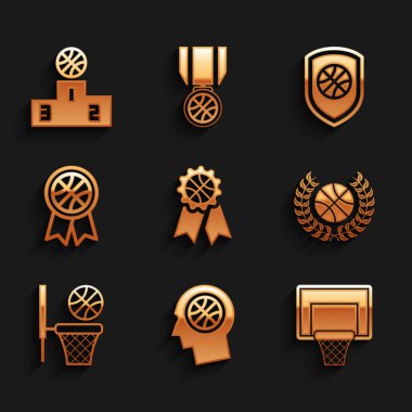 Basketbol ödülleri, basketbol sedyesi ödülleri ve spor podyumu ikonu Shield ile belirlendi. Vektör.