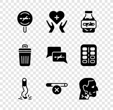 Set No smoking Heart with cross Nicotine gum blister pack Cigarette butt Throat cancer Trash and icon. Vector.