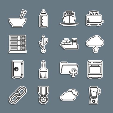 Hat Blender Oven Bulutu Ship USB Sunucu Veri Sunucusu Web Sunucu Kabı 'nı yemek çubukları ve kargo gemisi simgesi ile ayarla. Vektör.