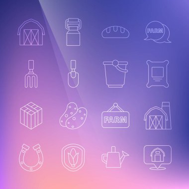 Çiftlik Evi Çiftlik Gübresi Torbası Ekmek Bahçesi mala küreği ya da kürek tırmığı ve kova ikonu. Vektör.